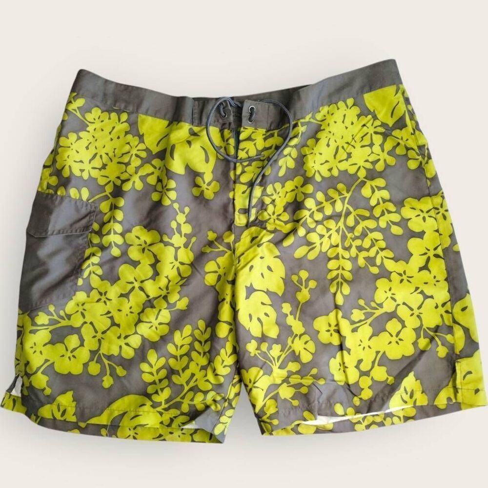J Crew Mens Swim Trunks Sz‎ 38 Green Grey Hawaiian Swimsuit Drawstring Sport